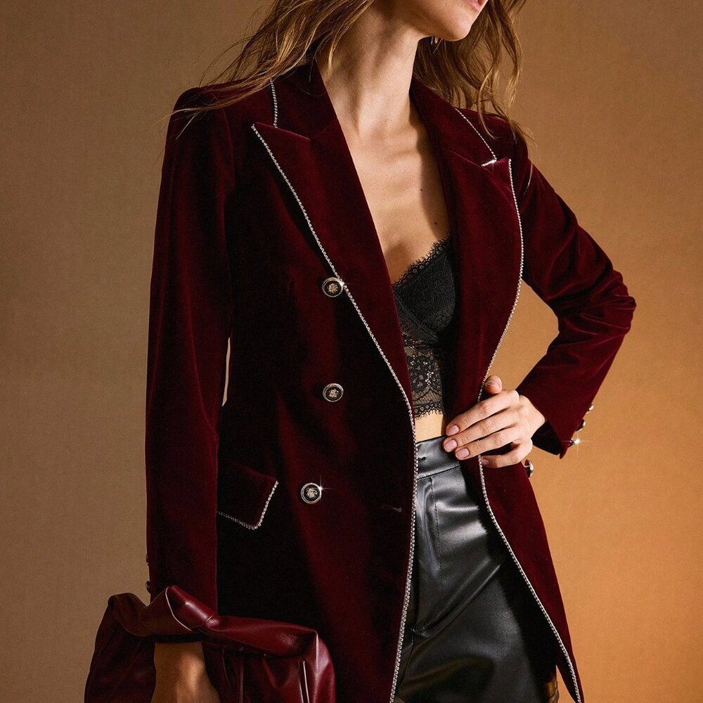 Burgundy Elegant Women's Velvet Rhinestone Trim Blazer